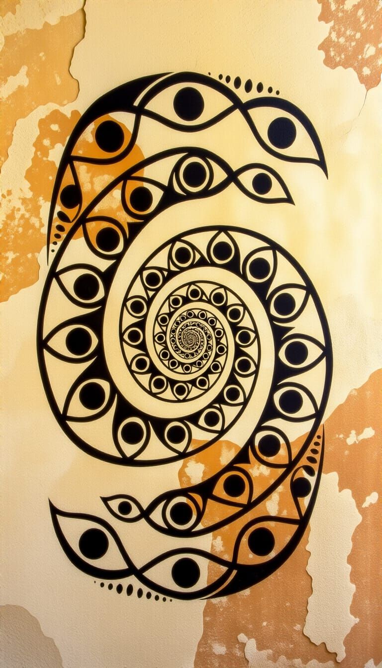 Primitive Spiral of Eyes on Ancient Cave Wall