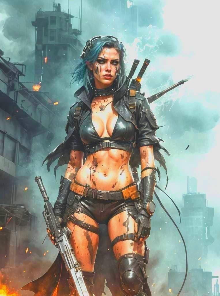 Fierce Cyberpunk Warrior in Battlefield, Watercolor Sketch A...