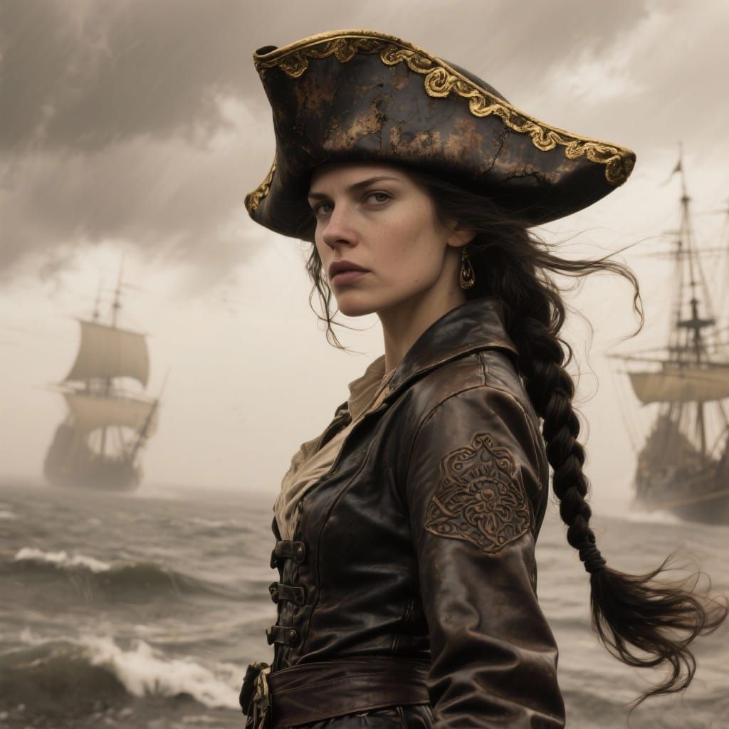 Sepia-Toned Pirate Captain Against a Stormy Sea