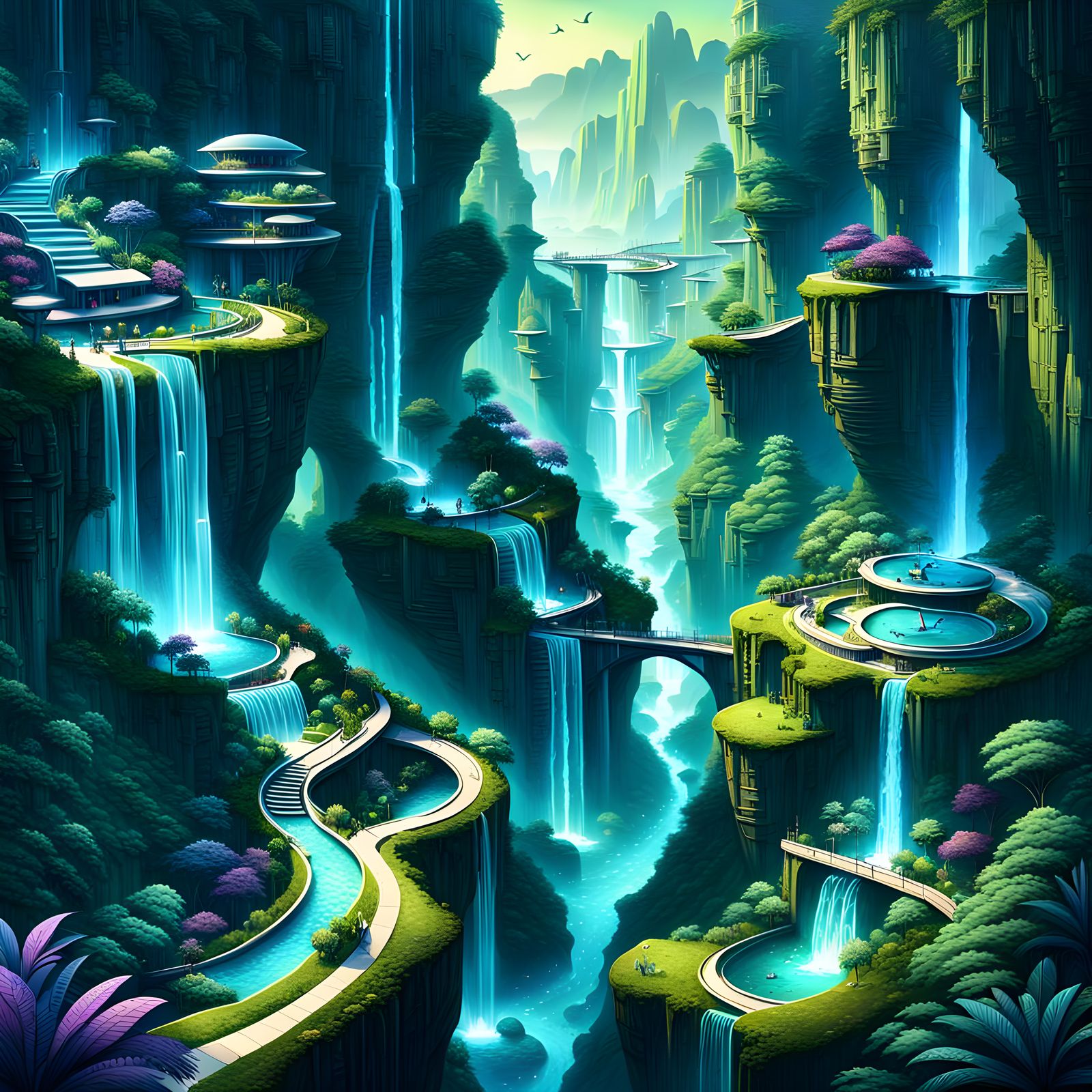 Futuristic City Built into Lush Green Cliffs