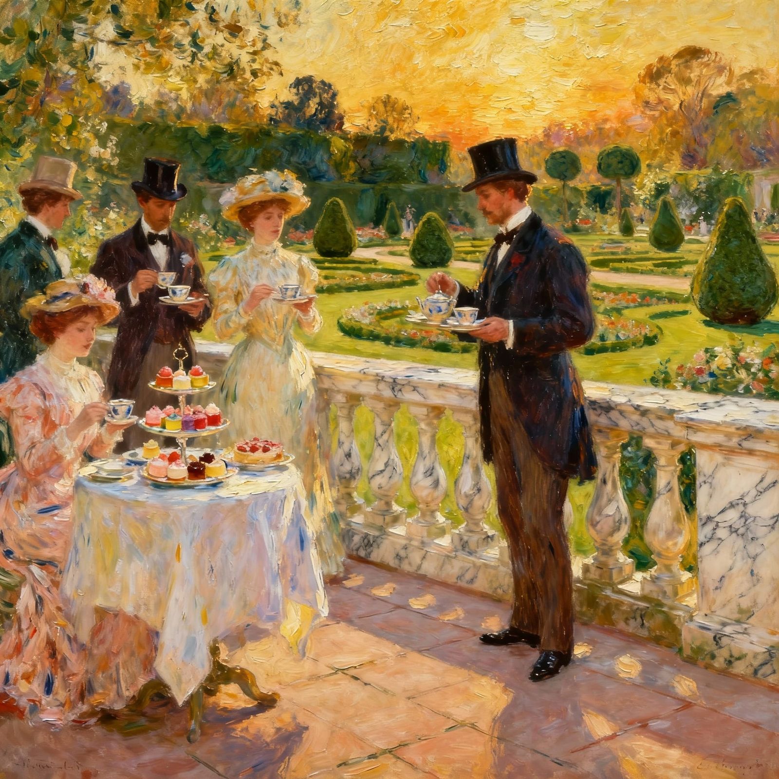 Edwardian Garden Party Tea with Impasto Oil Painting Style
