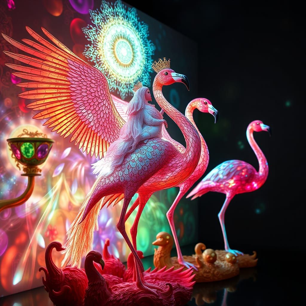 Flamingo Peacock Royalty in Escher-esque Light Sculpture