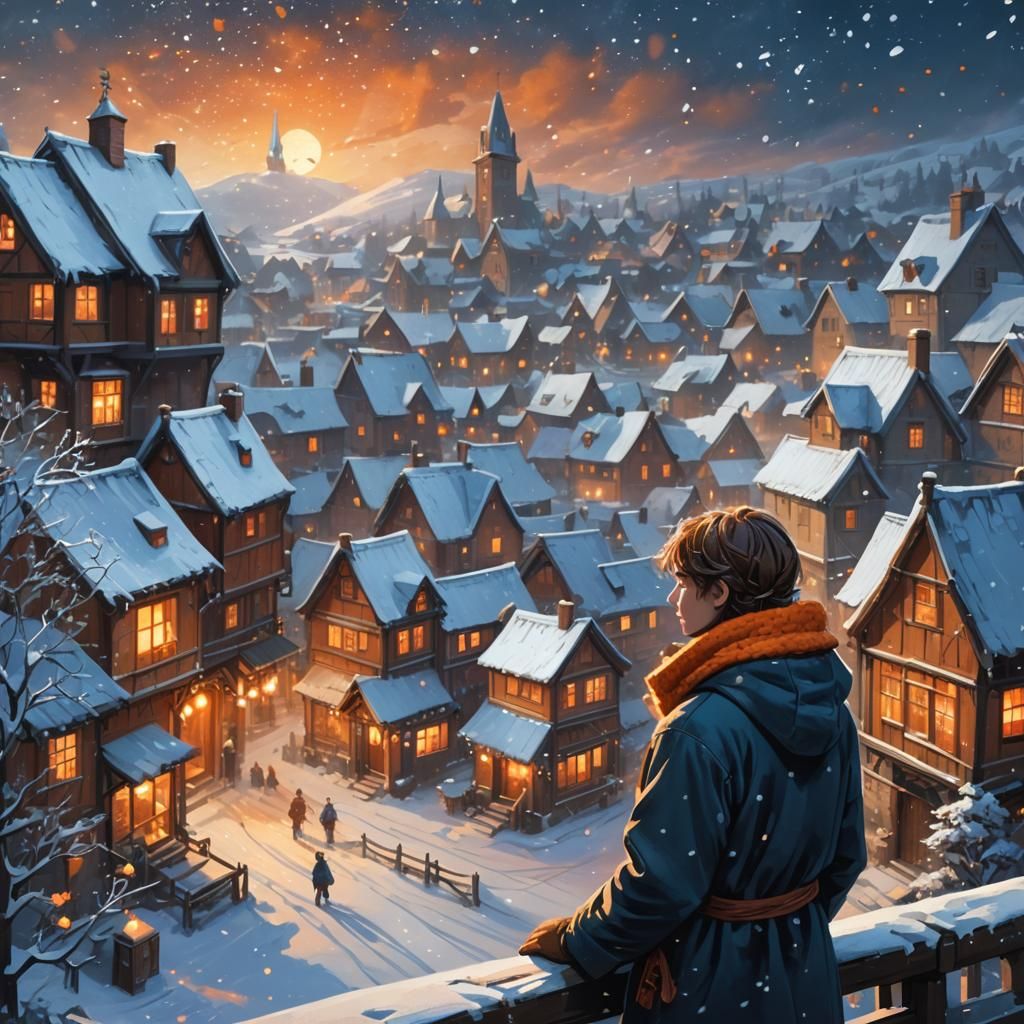 Cozy Winter Village in Falling Snow