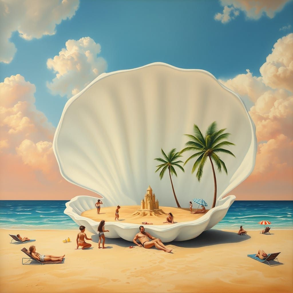 Gigantic Shell Unveils Beach Paradise in Surrealism