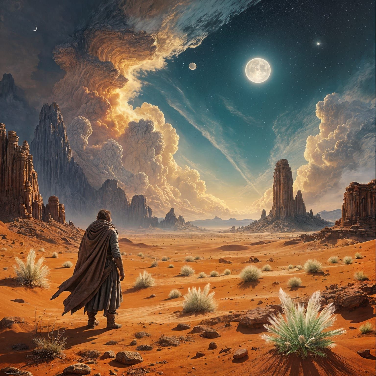 Explorer in Alien Desert Under Nebula Sky