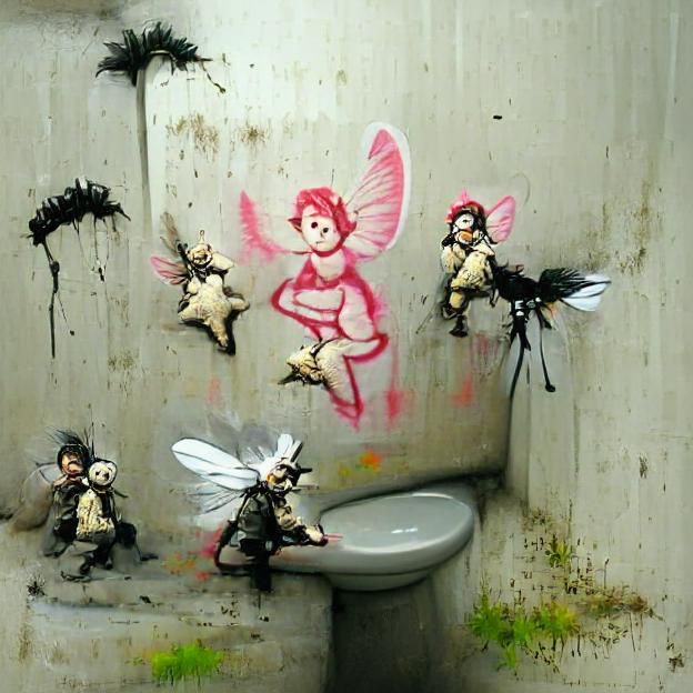 Banksy-esque Art: Constipated Fairies in Street Art Style