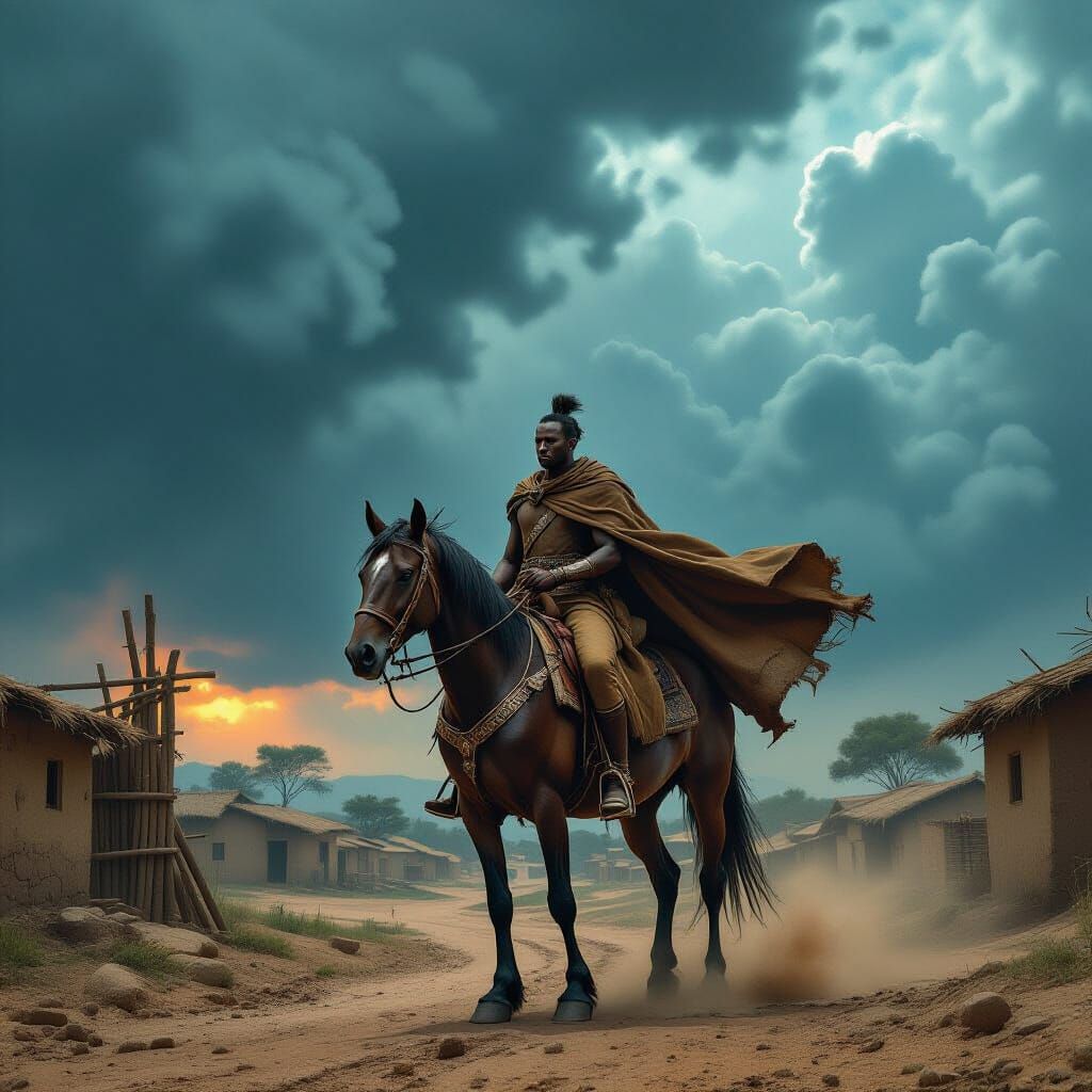 African Village Messenger Arrives Under Dark Clouds