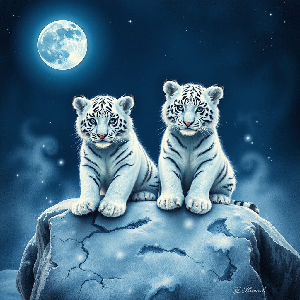 Arctic White Tiger Cubs in Vintage Watercolor Style