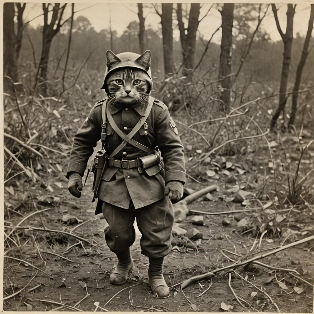 Anthropomorphic Cat Soldier in WWII Photo
