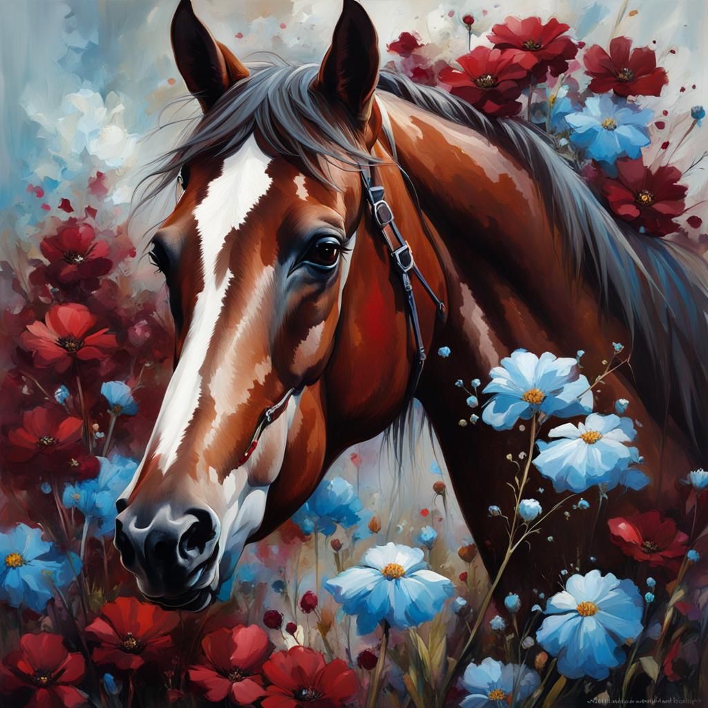 Beautiful Brown Horse Portrait in Oil Painting Style