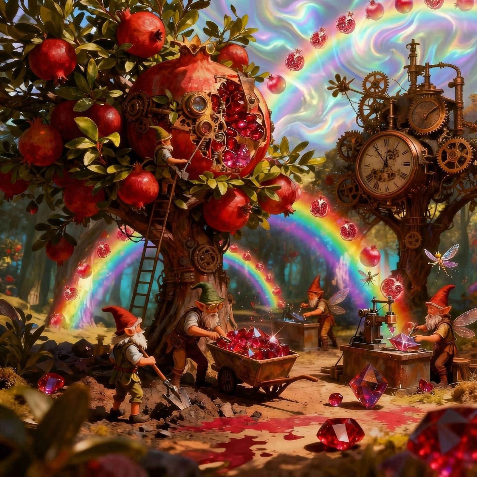 Steampunk Pomegranate Tree with Gnomes Mining Jewels