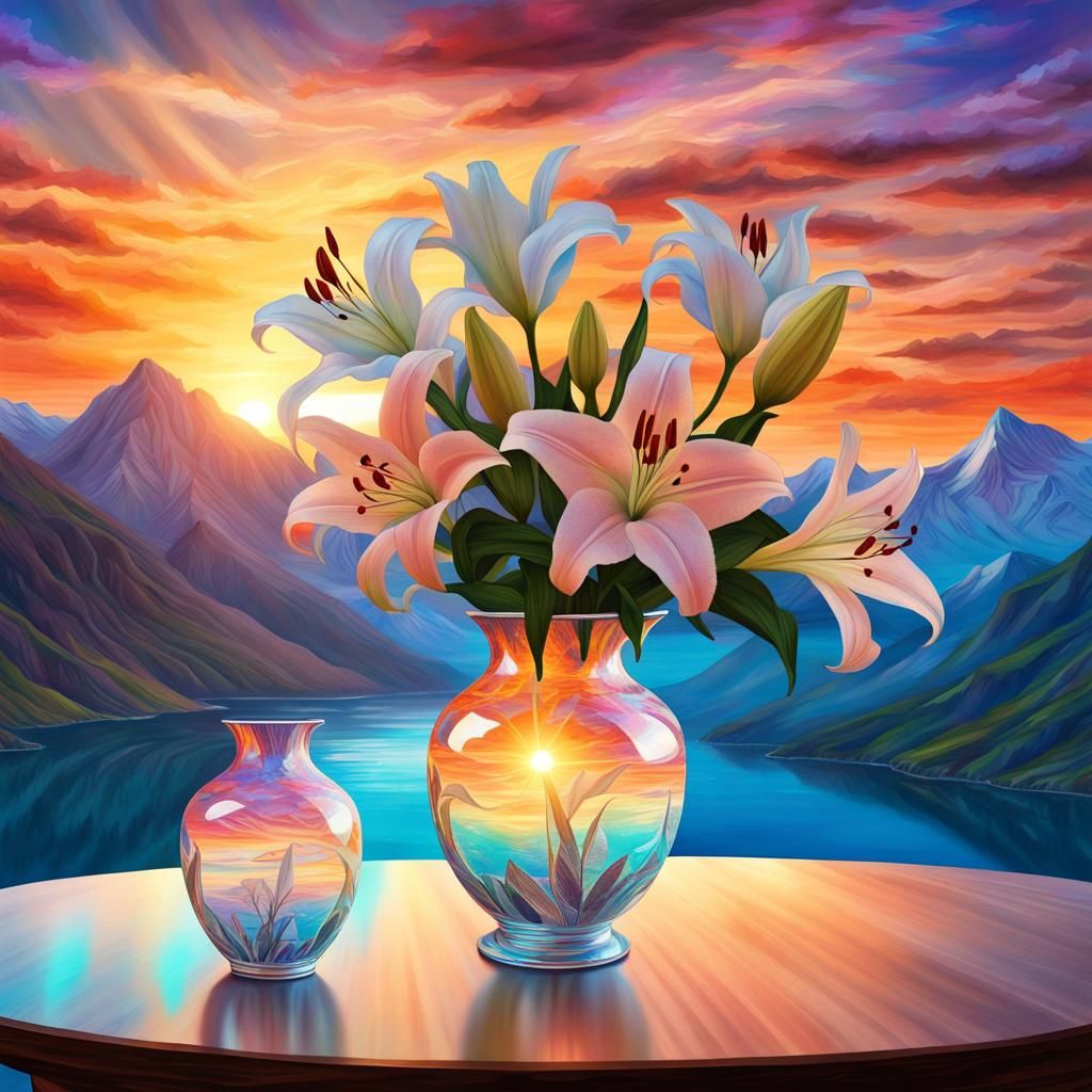 Crystal Vase with Lilies: Cosmic Landscape