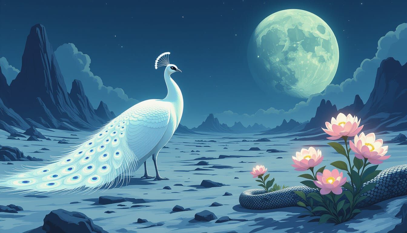 Ethereal Peacock and Python on Lunar Landscape