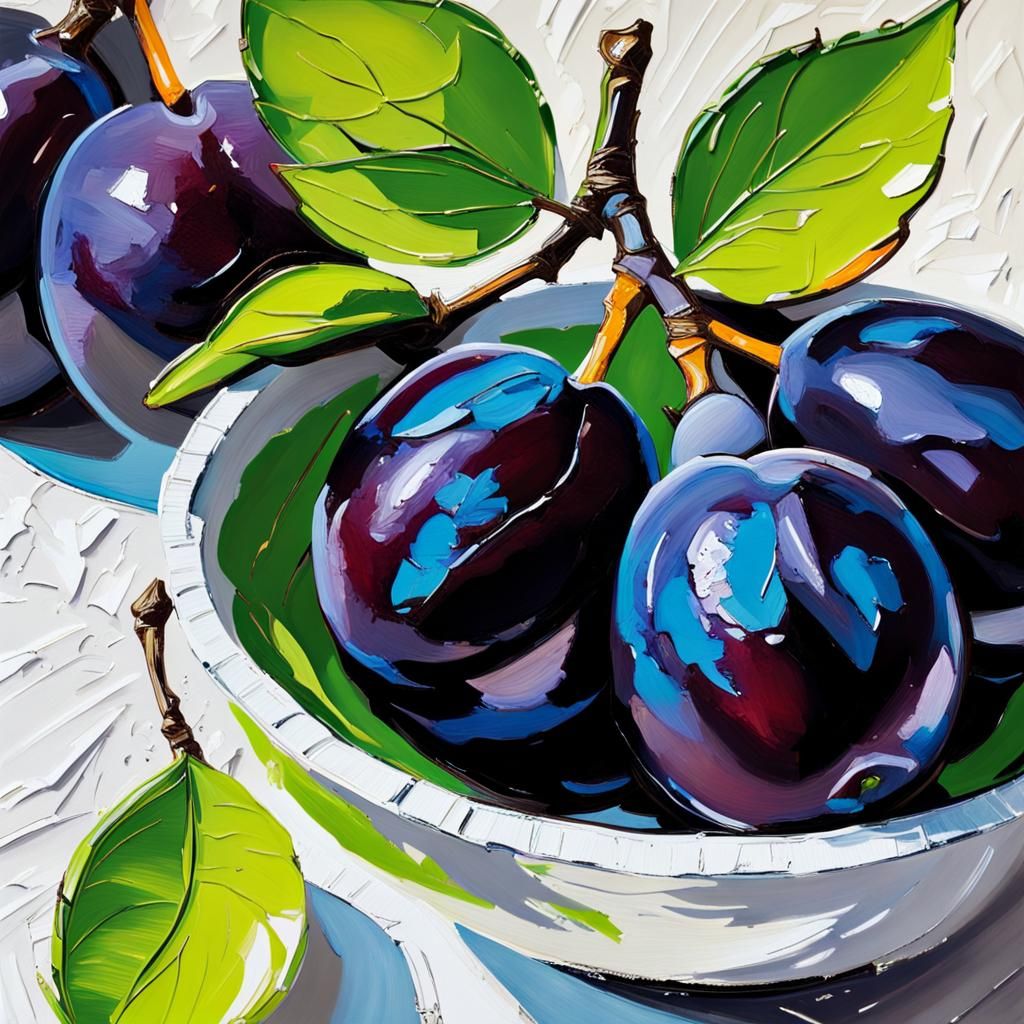 Impasto Painting of Dark Plums with Green Leaves