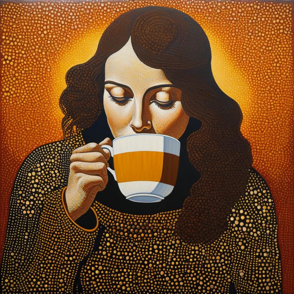 Pointillist Woman Drinking Coffee on Autumn Morning