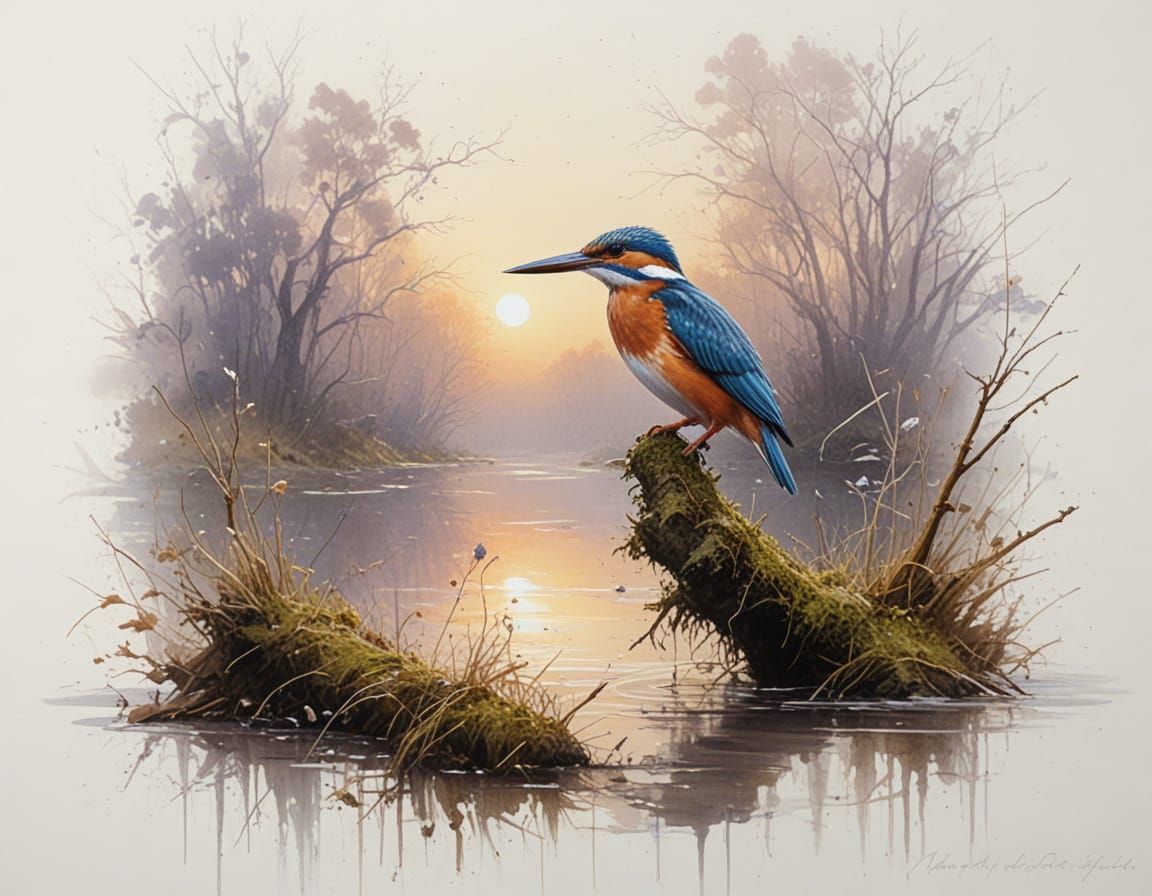 Crimson Kingfisher on Misty River Bend at Dawn