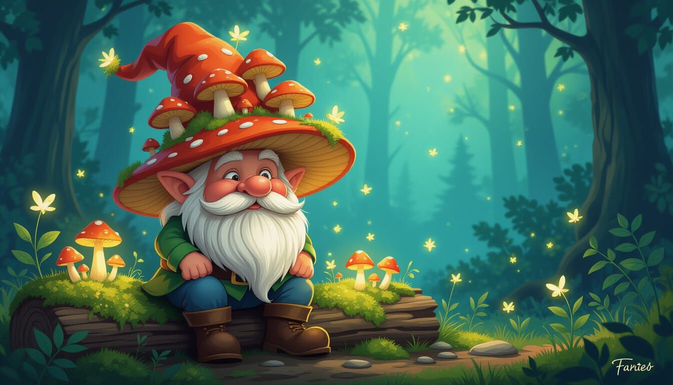 Whimsical Gnome with Giant Mushroom Hat in Twilight Forest