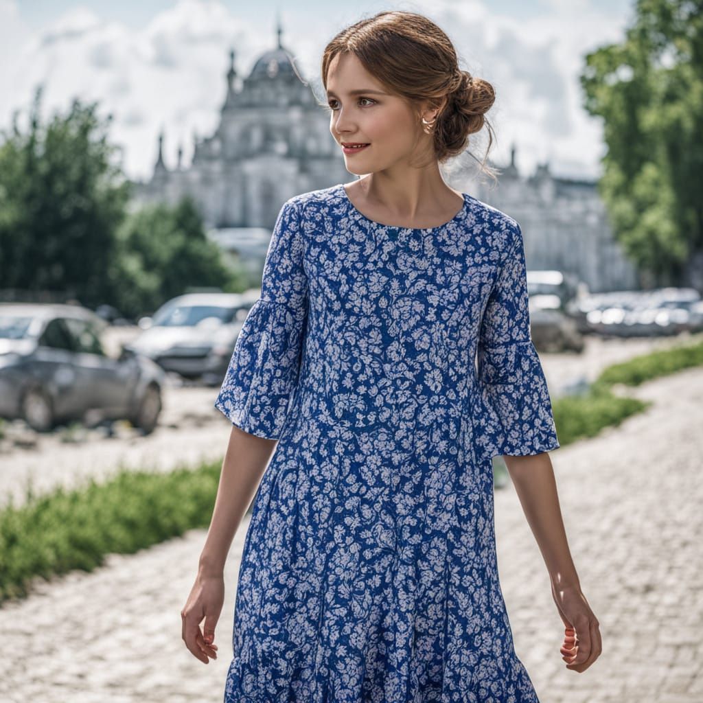 Woman in Purple Dress Stands in City