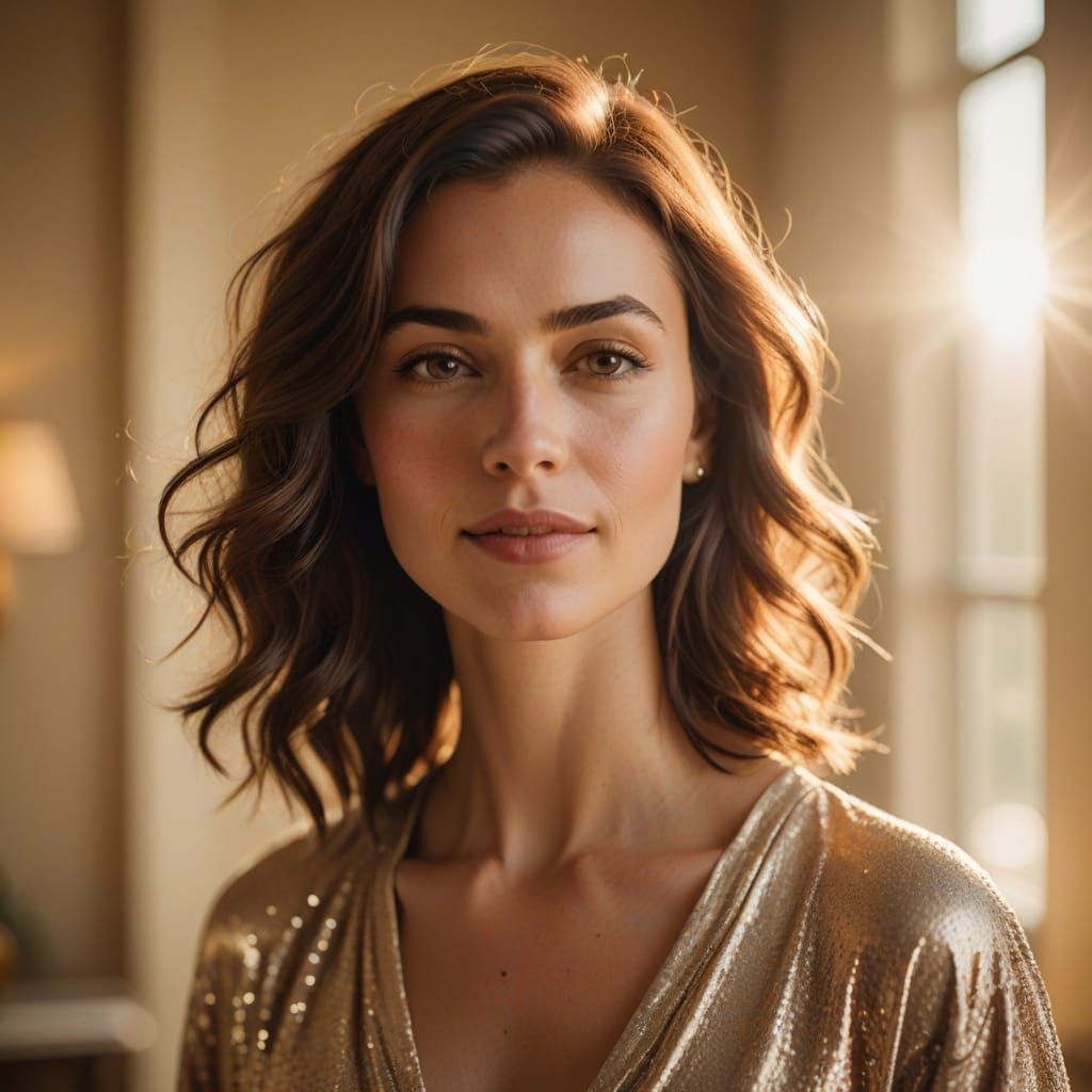 A Confident Woman in Warm Sunlit Elegance