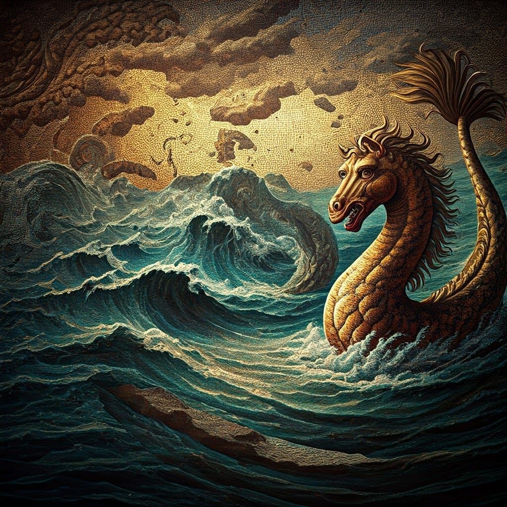 Ancient Roman Mosaic of a Majestic Sea Beast in a Dreamlike,...