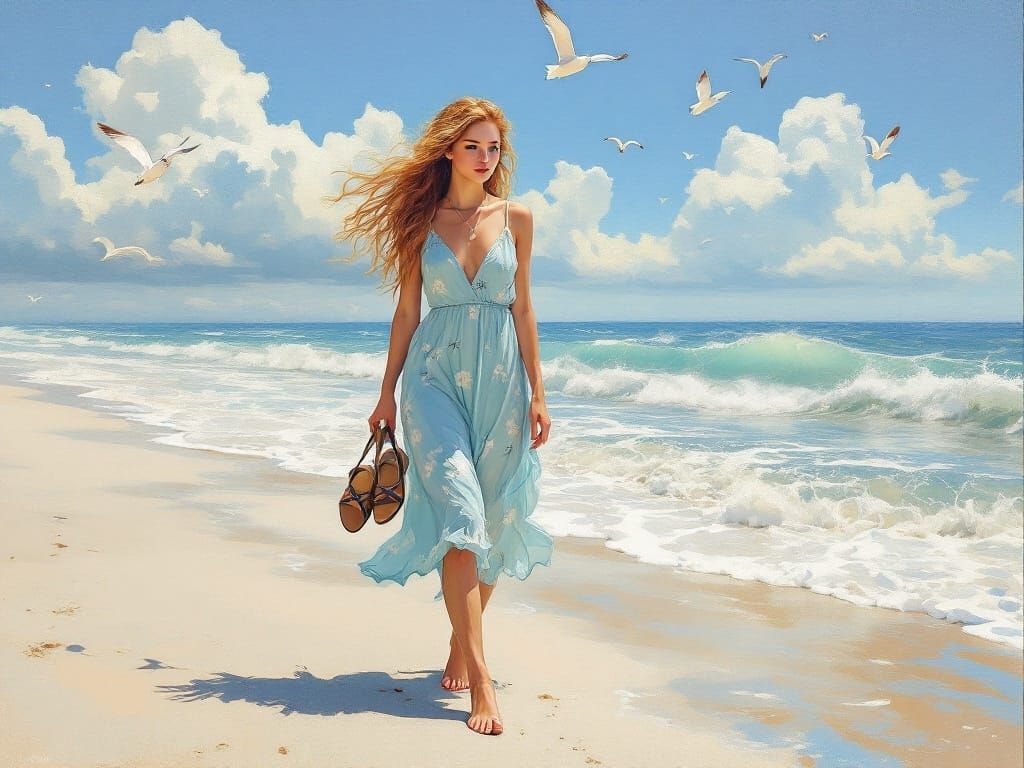 Impressionist Beach Scene with Serene Young Woman