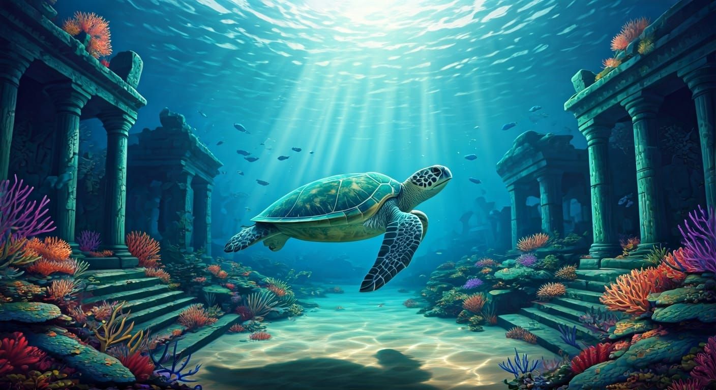 Turquoise Sea Turtle Glides Through Underwater Grotto