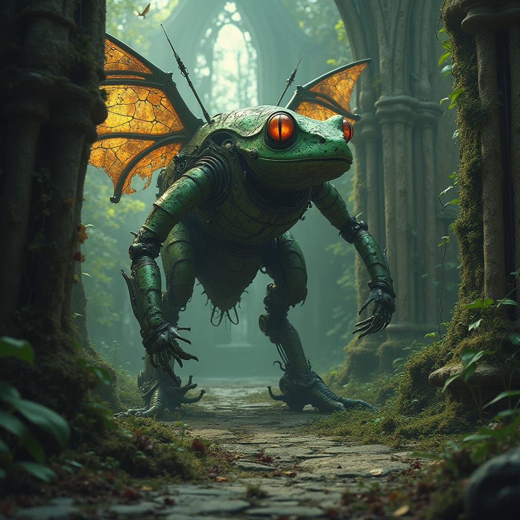 Mechanical Frog Awakens in Sunken Gothic Cathedral