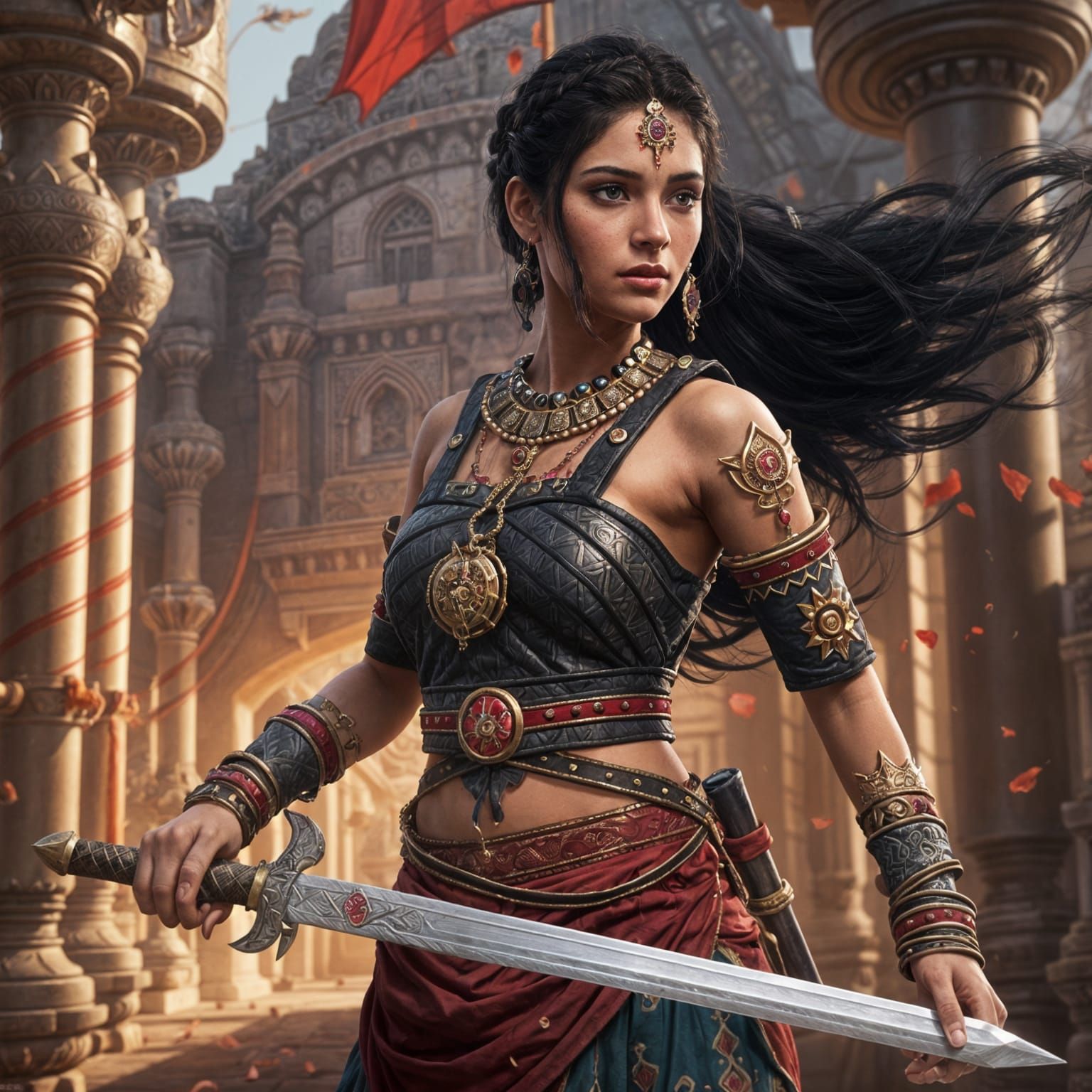 Indian Warrior Girl with Ruby Sword