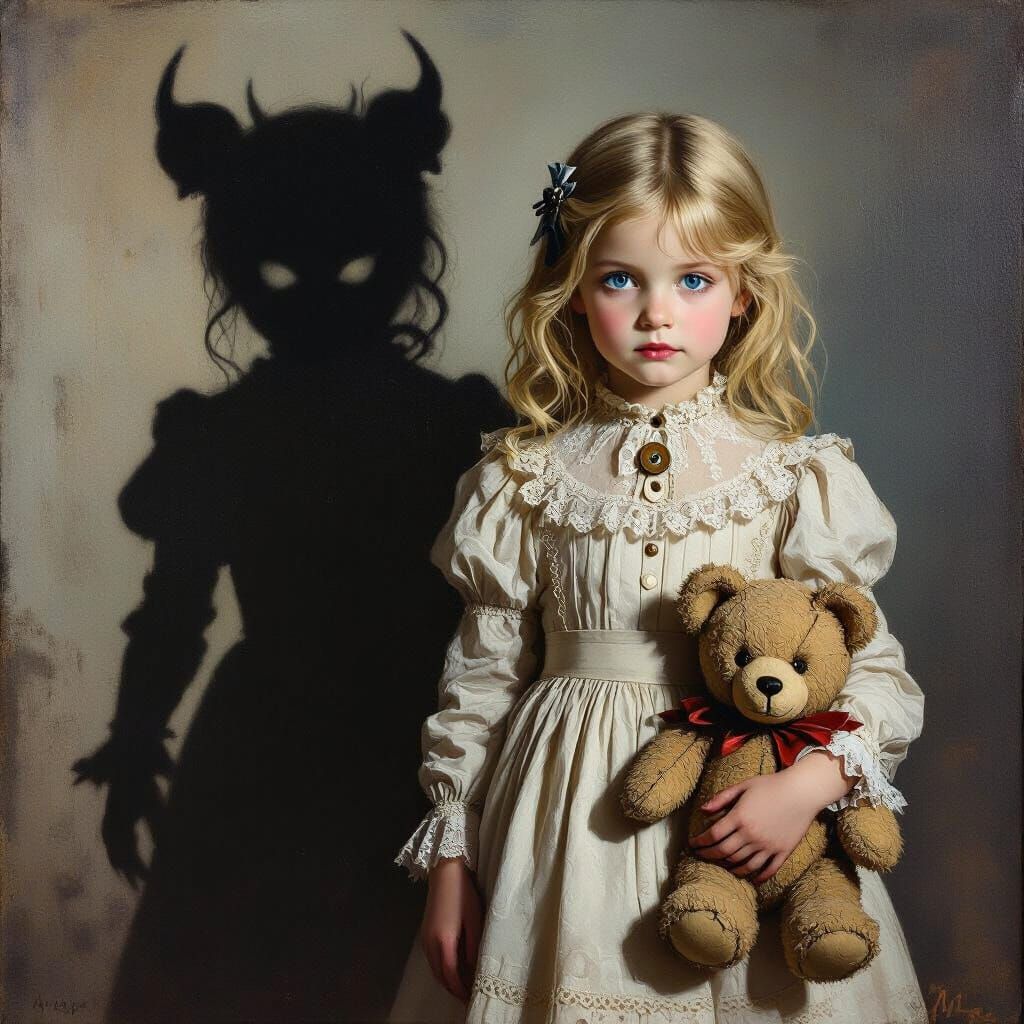 Victorian Girl With Tattered Teddy Bear and Demon Shadow