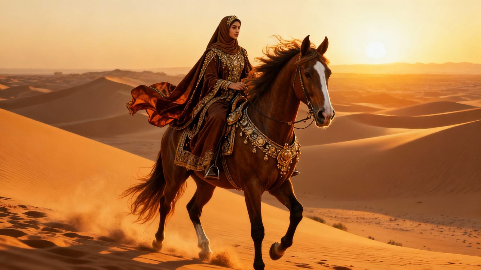 Regal Hijab Woman Rides Majestic Horse in Sunlit Desert