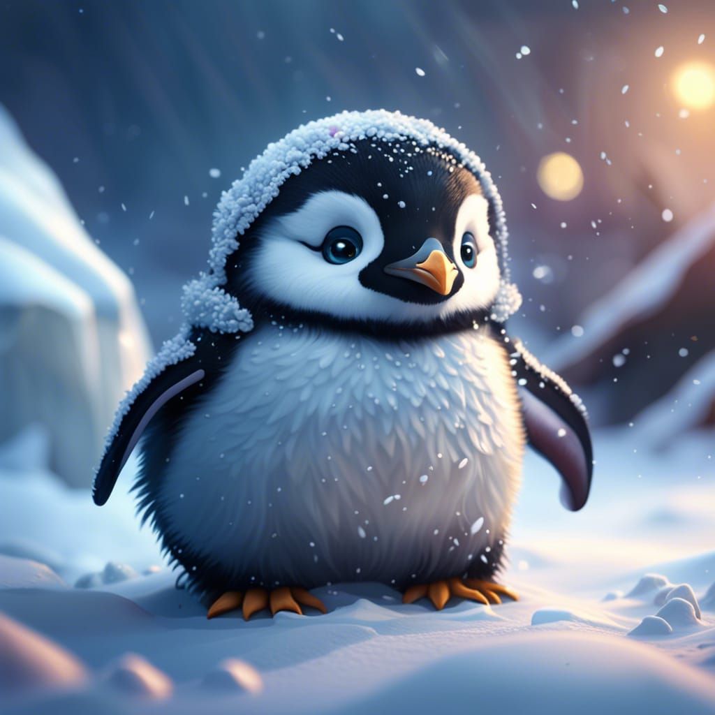 Cute Baby Penguin in Snow, Detailed Matte Painting