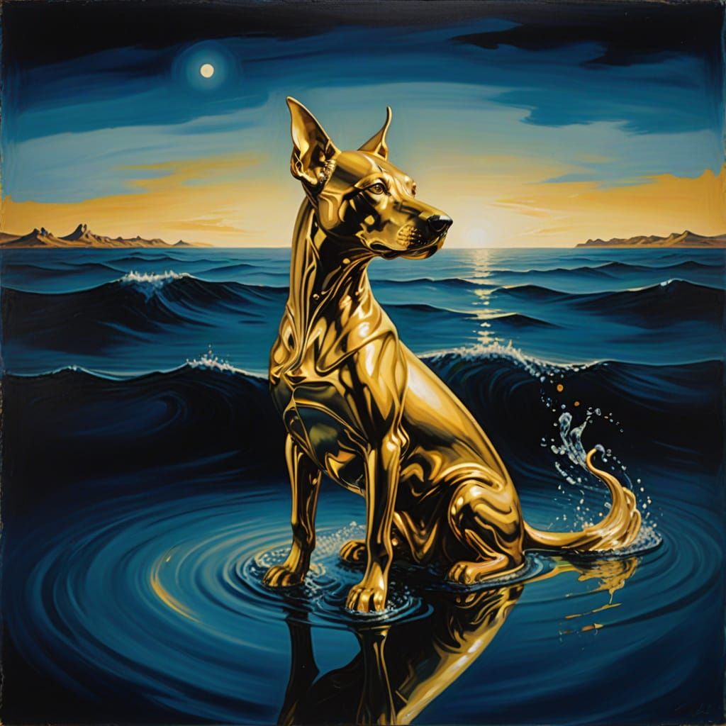 Dreamlike Dog Statue Soars Above Dark Blue Sea in Vibrant Oi...