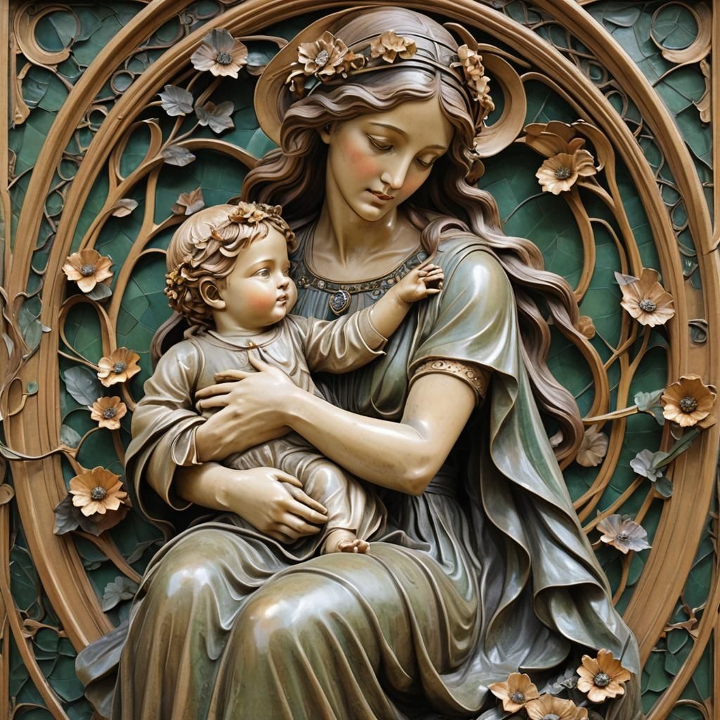 Art Nouveau Sculpture of Mother and Child