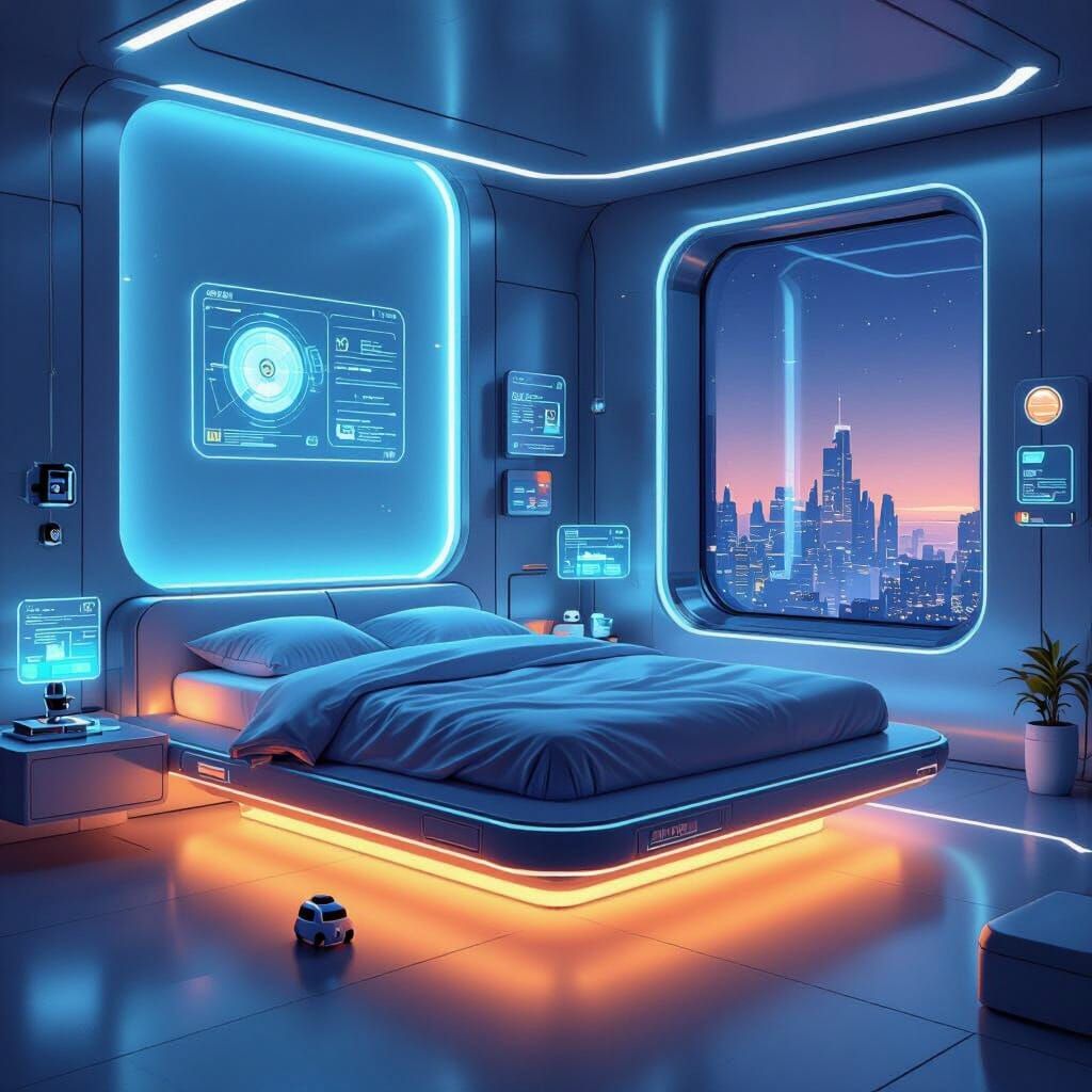 Futuristic High-Tech Bedroom with Neon City View
