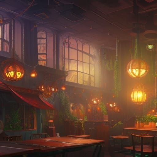 Fantastical Night Cafe Detailed Matte Painting