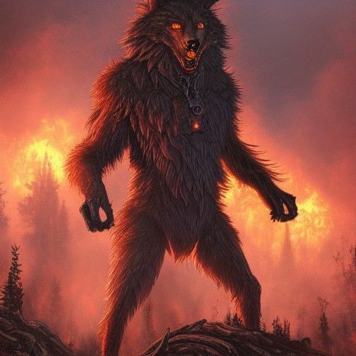 Steampunk Werewolf in Burning Forest Fantasy Art