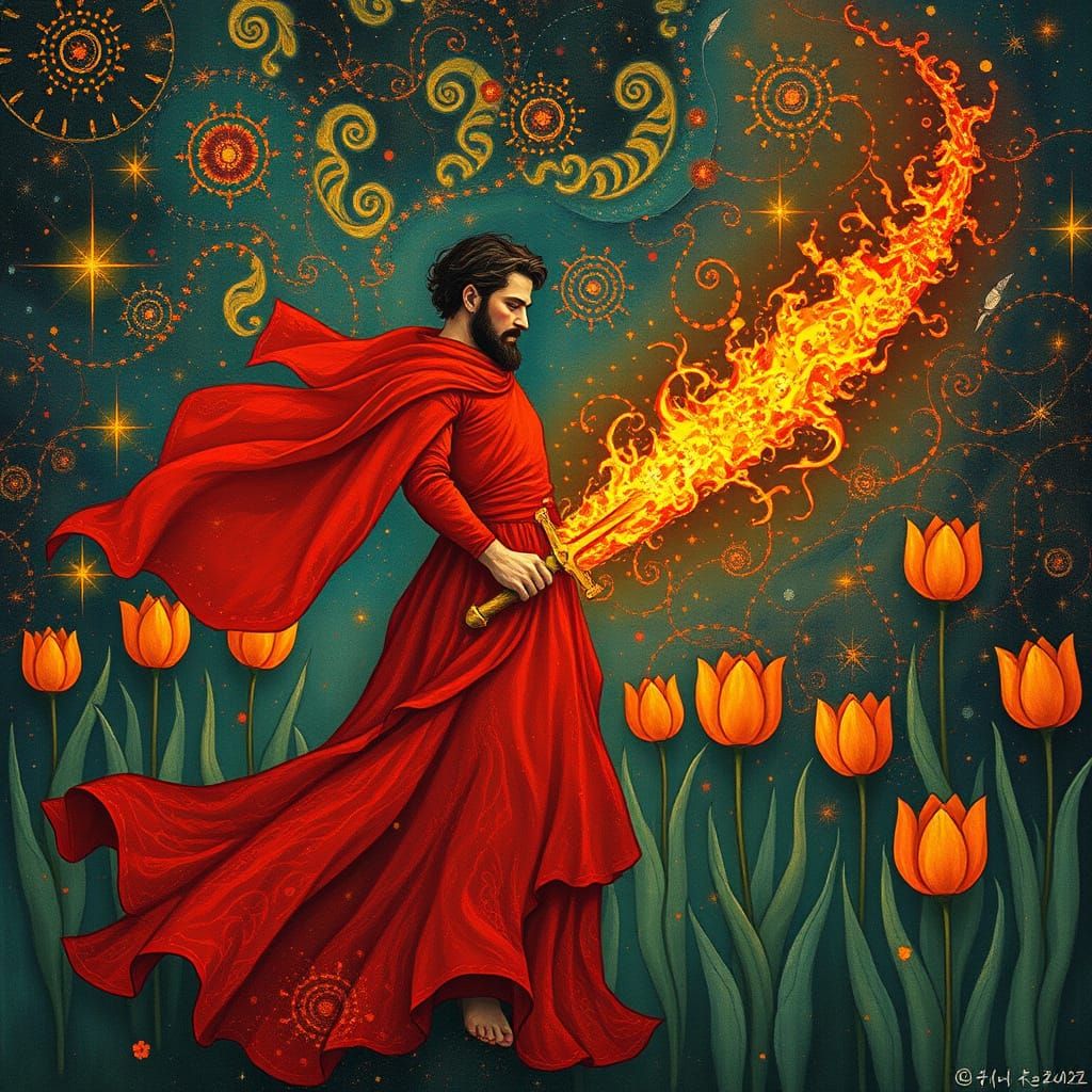 Ethereal Warrior in Red, Blazing with Mystical Energy and Wh...