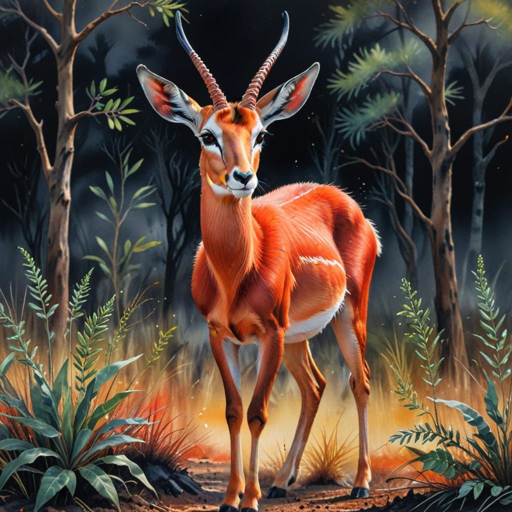Watercolor on black paper.  A red gazelle (Eudorcas rufina)
