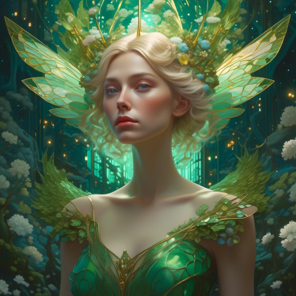 Green Fairy Portrait in Art Nouveau Style