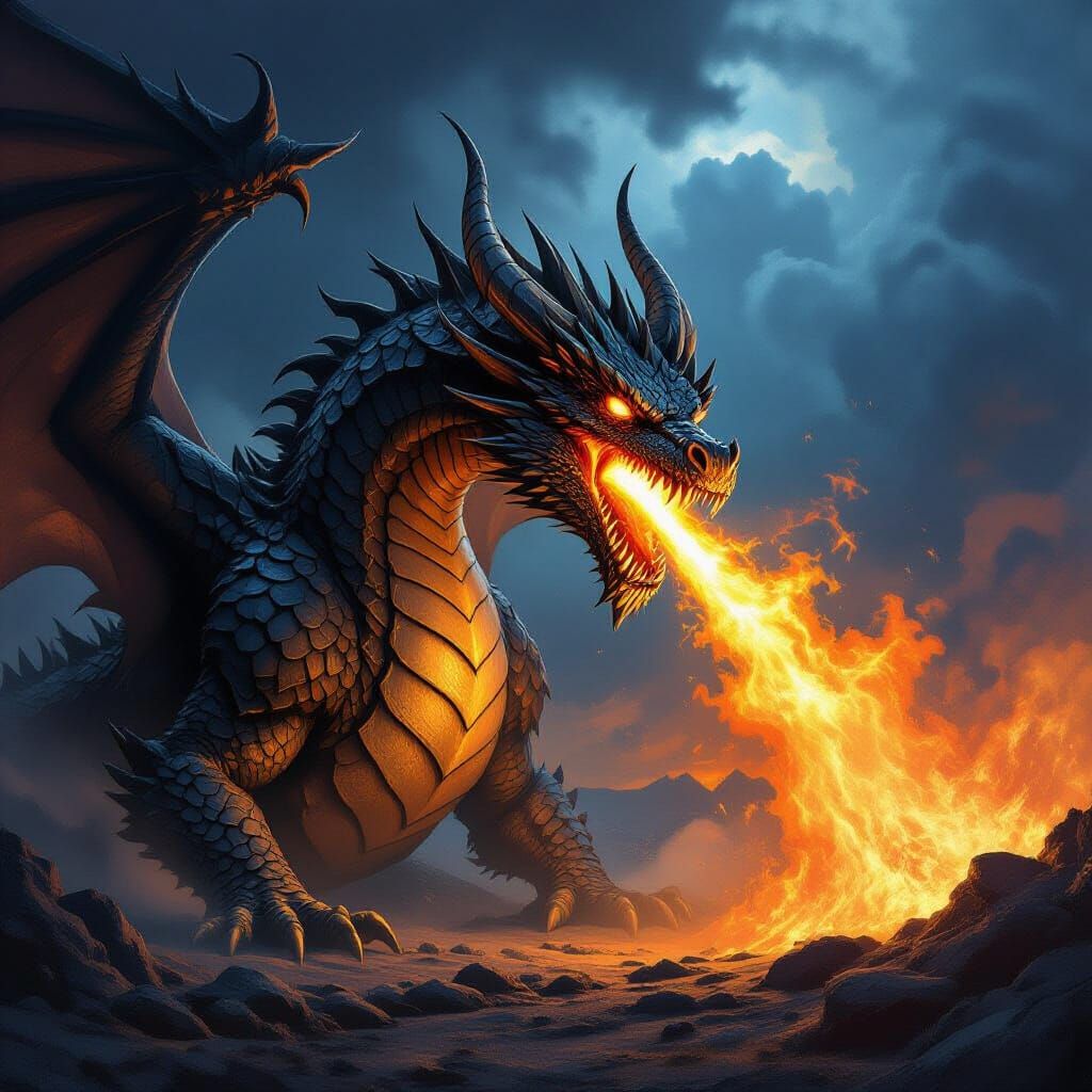 Fearsome Dragon Breathing Fire in a Stormy Landscape