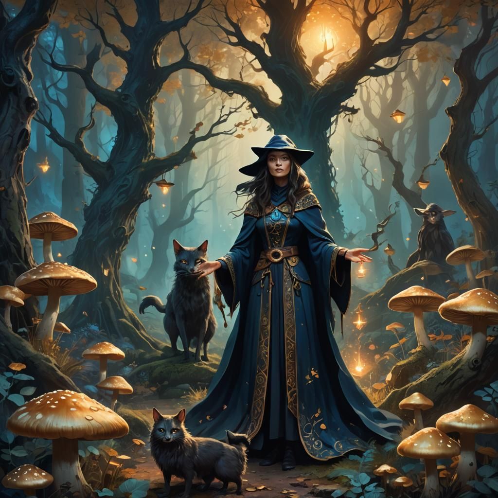 Mystical Witch and Familiar in Fantasy Forest
