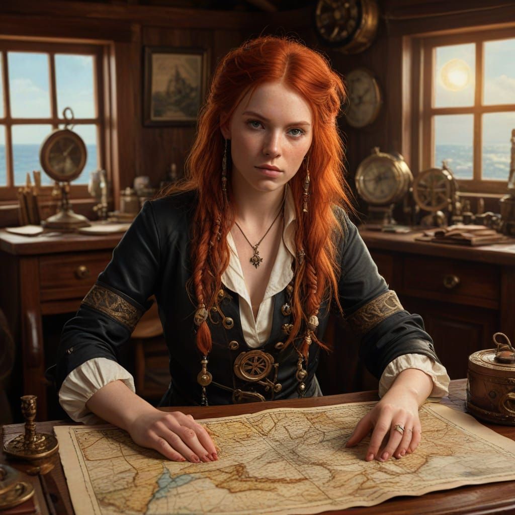 Red-Haired Pirate in Captain's Cabin: Oil Painting Style