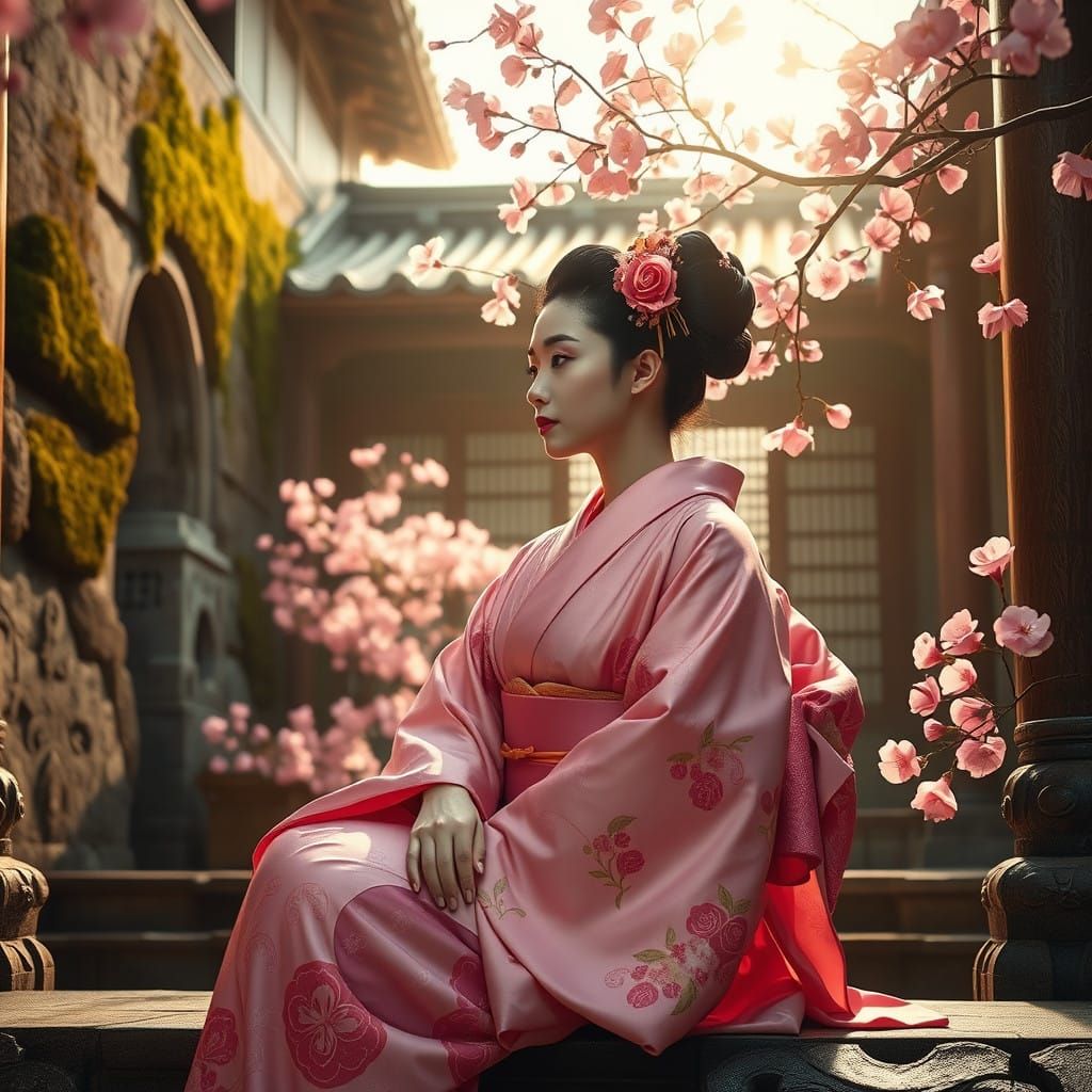 Ethereal Geisha in Cherry Blossom Temple