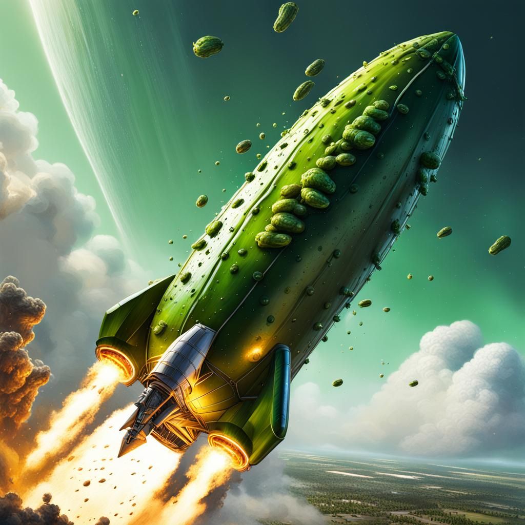 Hyperrealistic Pickle Rocketship Blasts Off