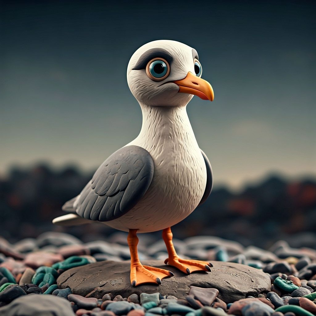 Seagull at landfill on Creature Comforts, made out of clay, claymation,