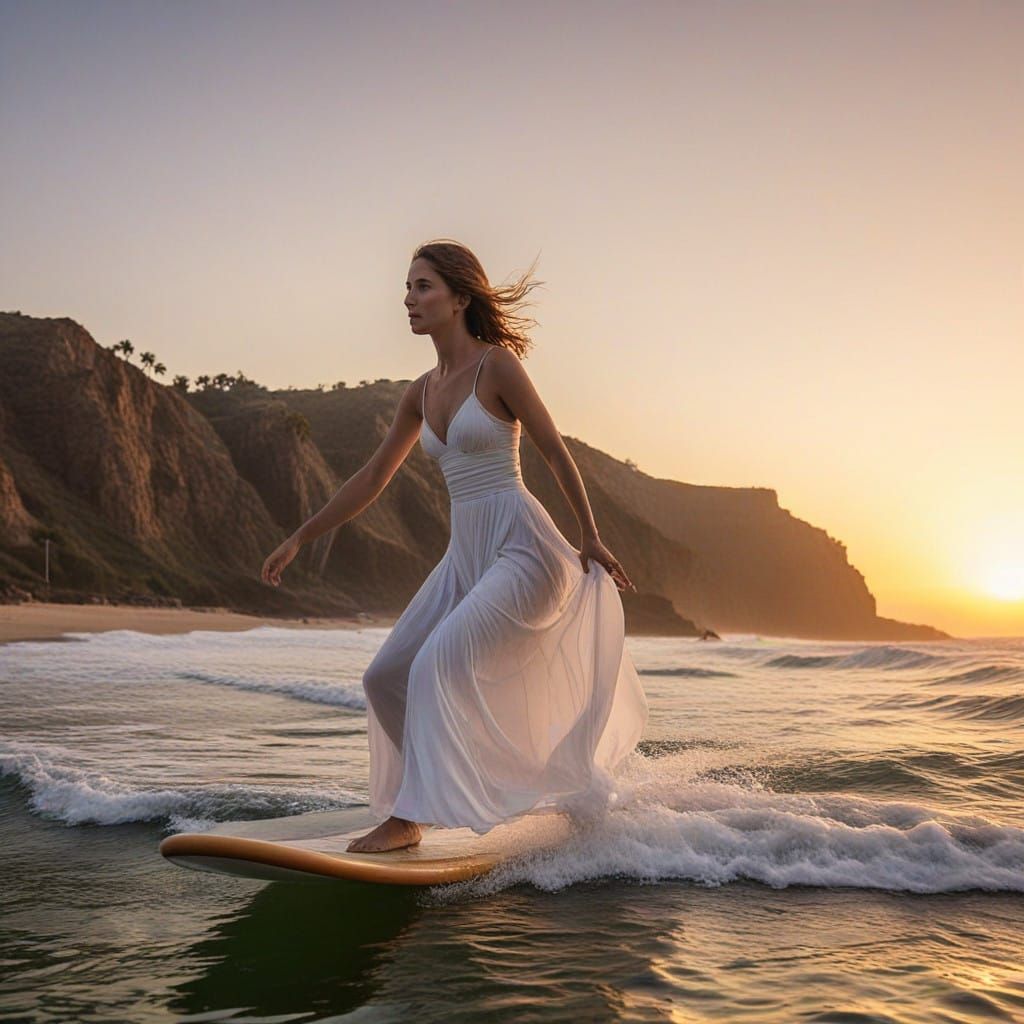 Woman Riding Surfboard at Sunset in Tropical Paradise