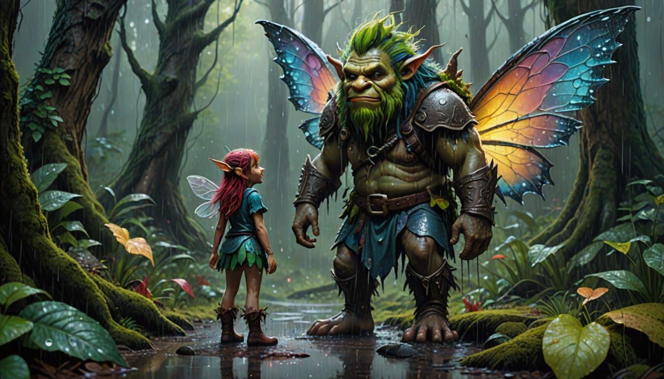 Fairy and Troll in Rainy Forest, Hyperrealistic Art