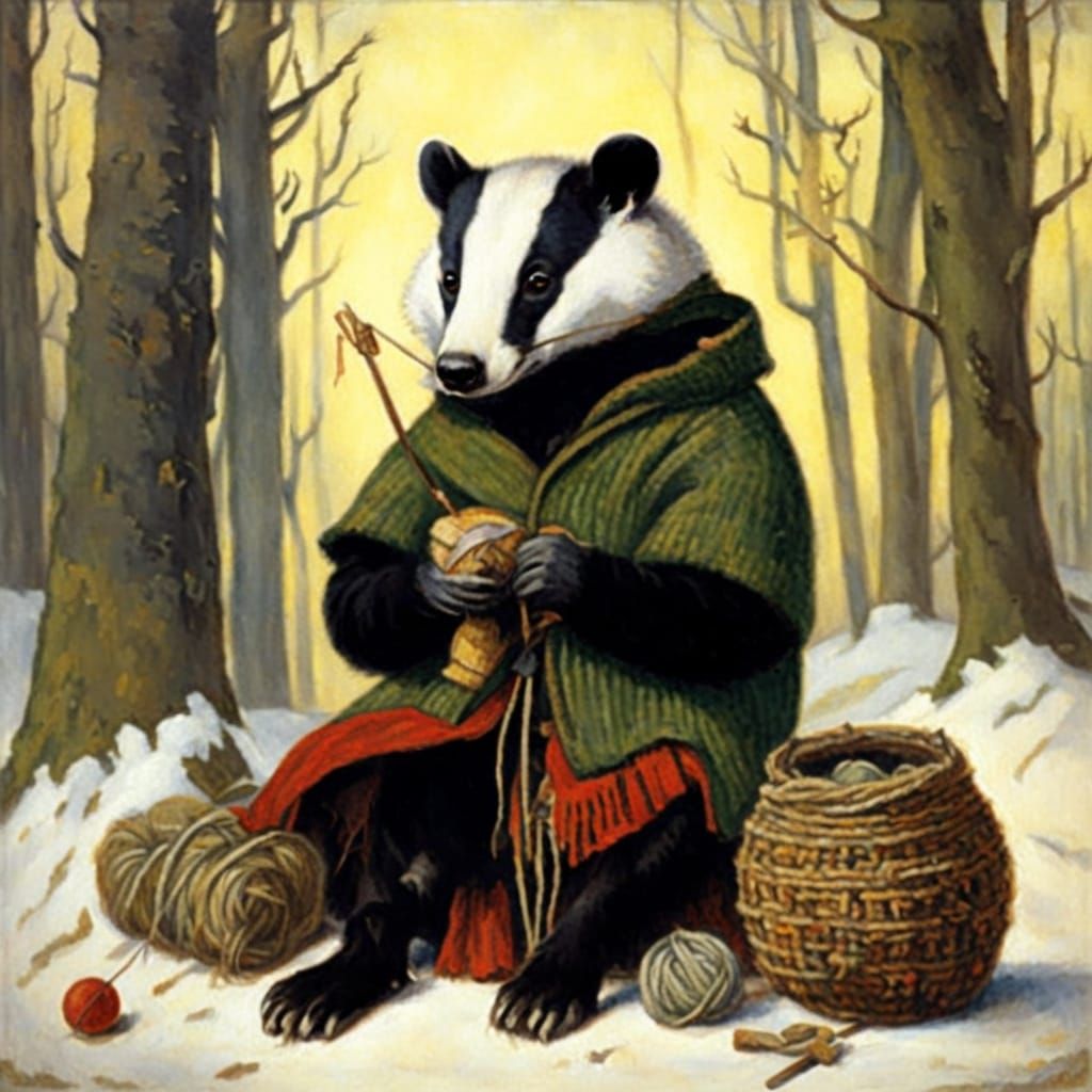 Badger Knitting in Detailed Wildlife Scene