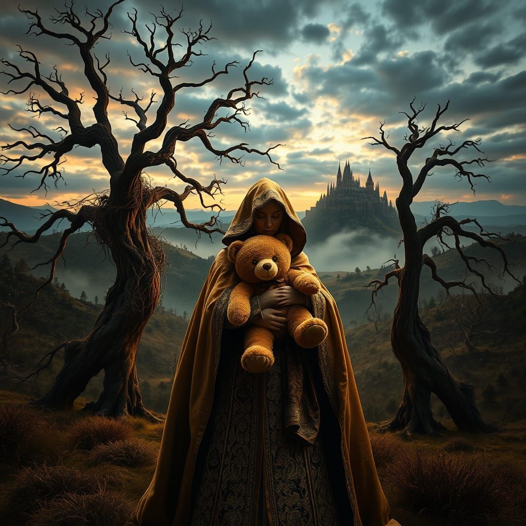 Regal Figure Embracing a Vintage Teddy Bear in an Ethereal L...