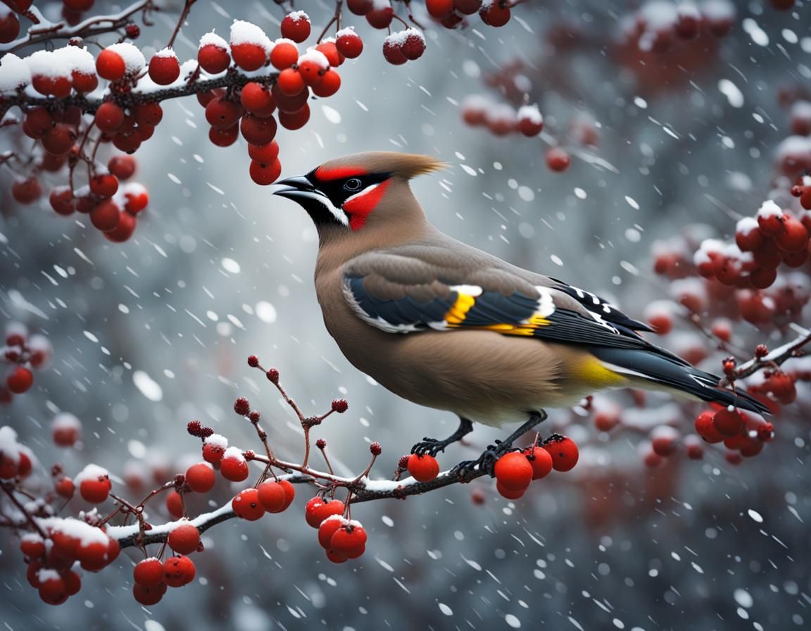 Waxwing Eating Berries in Winter Snowscape